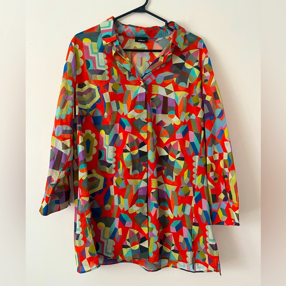 Akris Multicolor Geometric Cotton Crepe Button Down Shirt